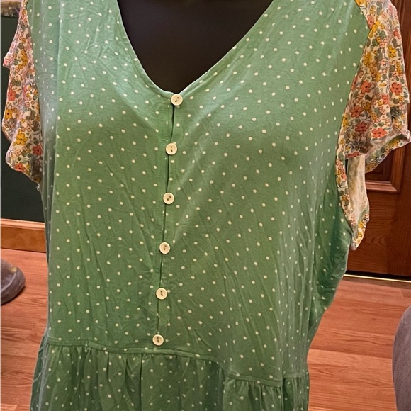 Green Polka Dot Dress with Floral Sleeves - Picture 1 of 4